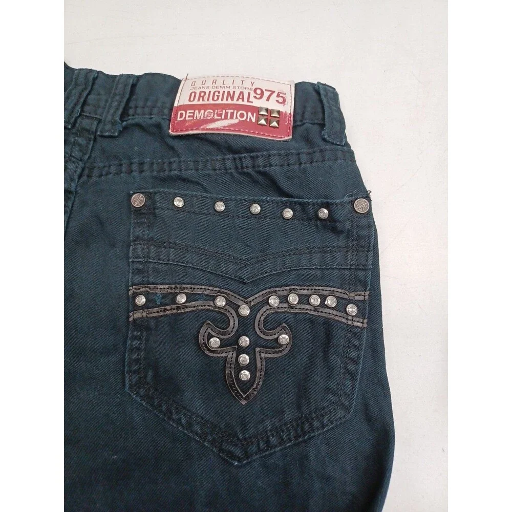 Demolition Mens Urban Wear Black Jeans Sz 32x30 Moto Skinny Rhinestone Embellish
